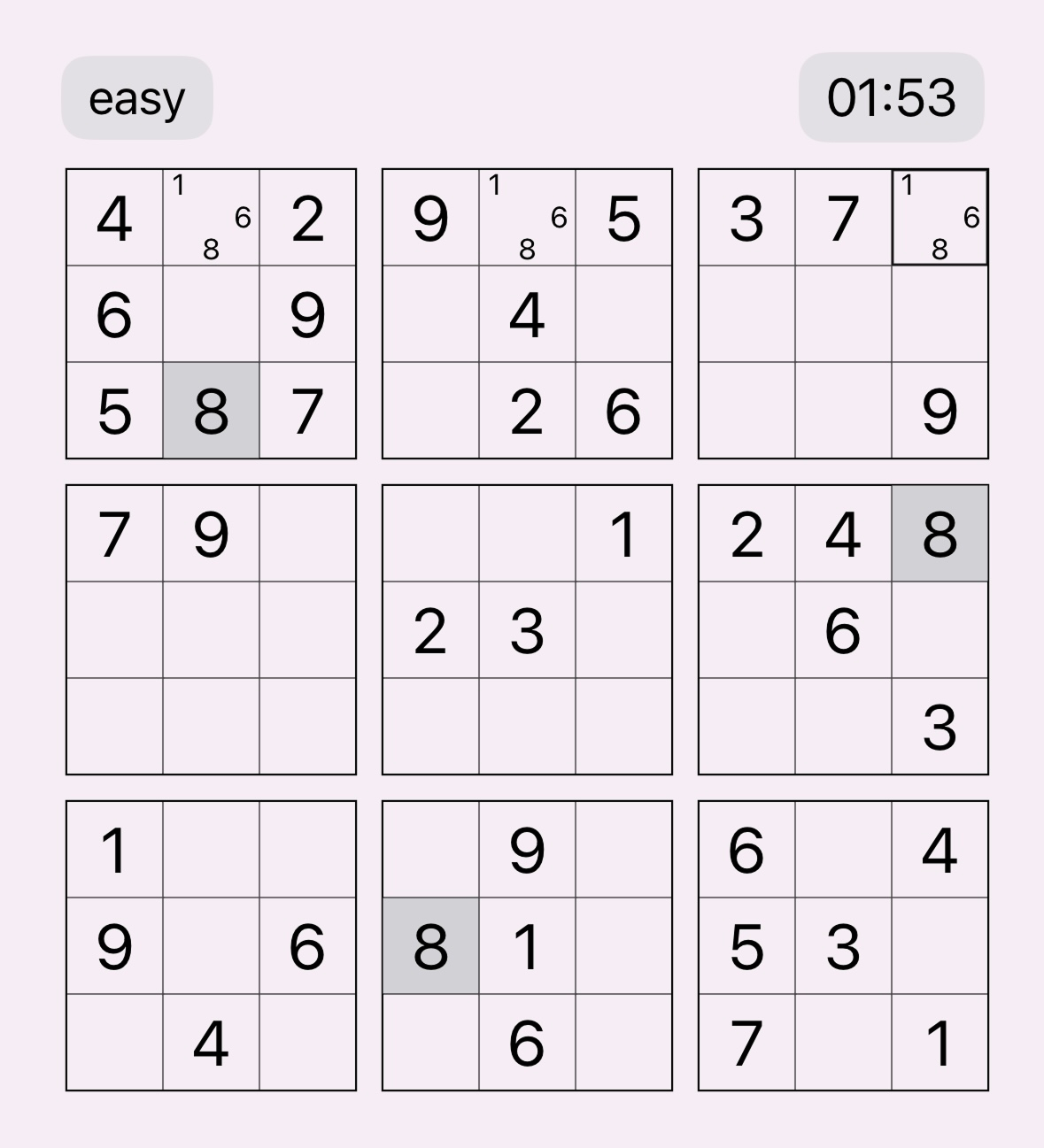 Sudoku board showing elimination technique