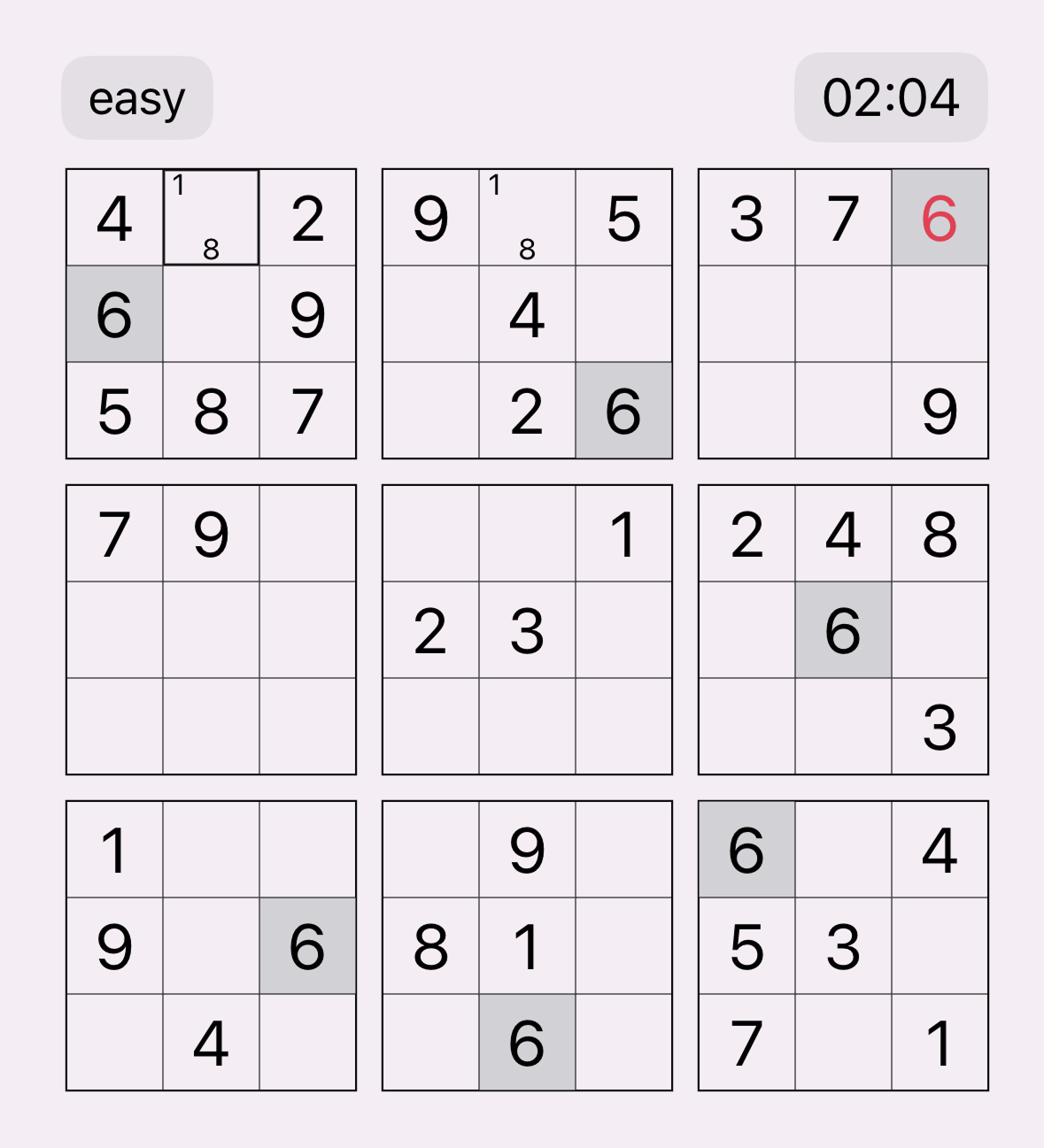 Sudoku board showing elimination technique