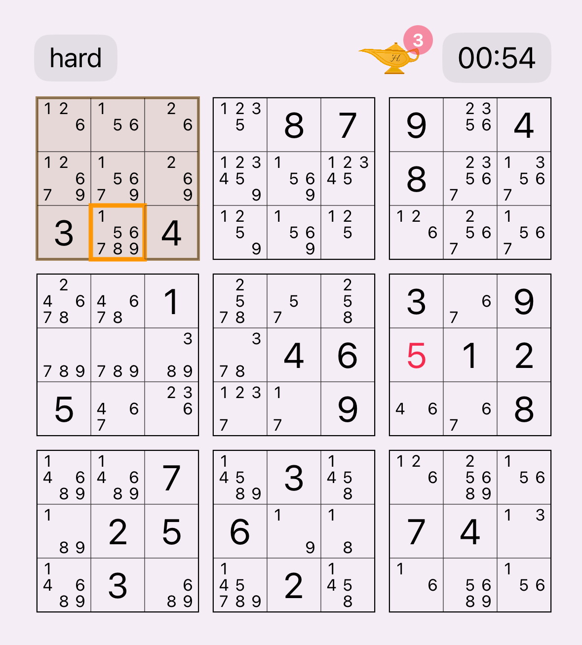 Sudoku board showing hidden single technique